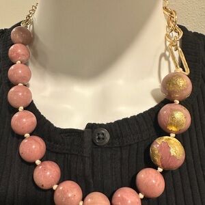 CHICO'S Bold Pink Gold Foil Chunky Beaded Statement Necklace Adjustable Chain